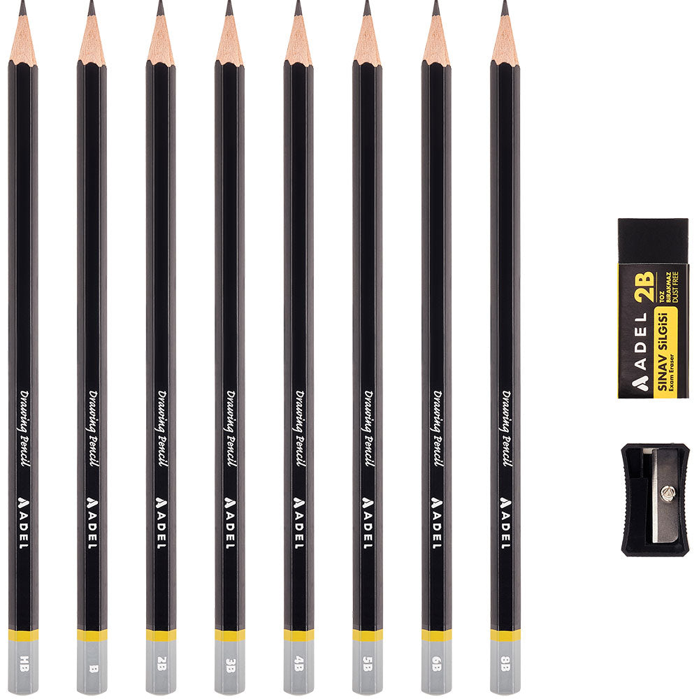 Set of 8 graphite pencils + eraser and sharpener