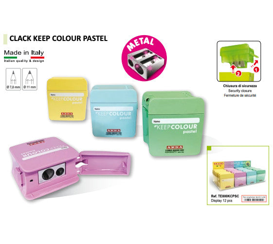 Display of 12 DOUBLE metal pencil sharpeners CLACK PASTEL