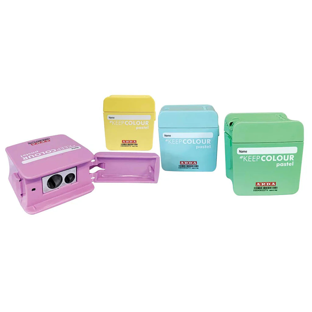 Display of 12 DOUBLE metal pencil sharpeners CLACK PASTEL