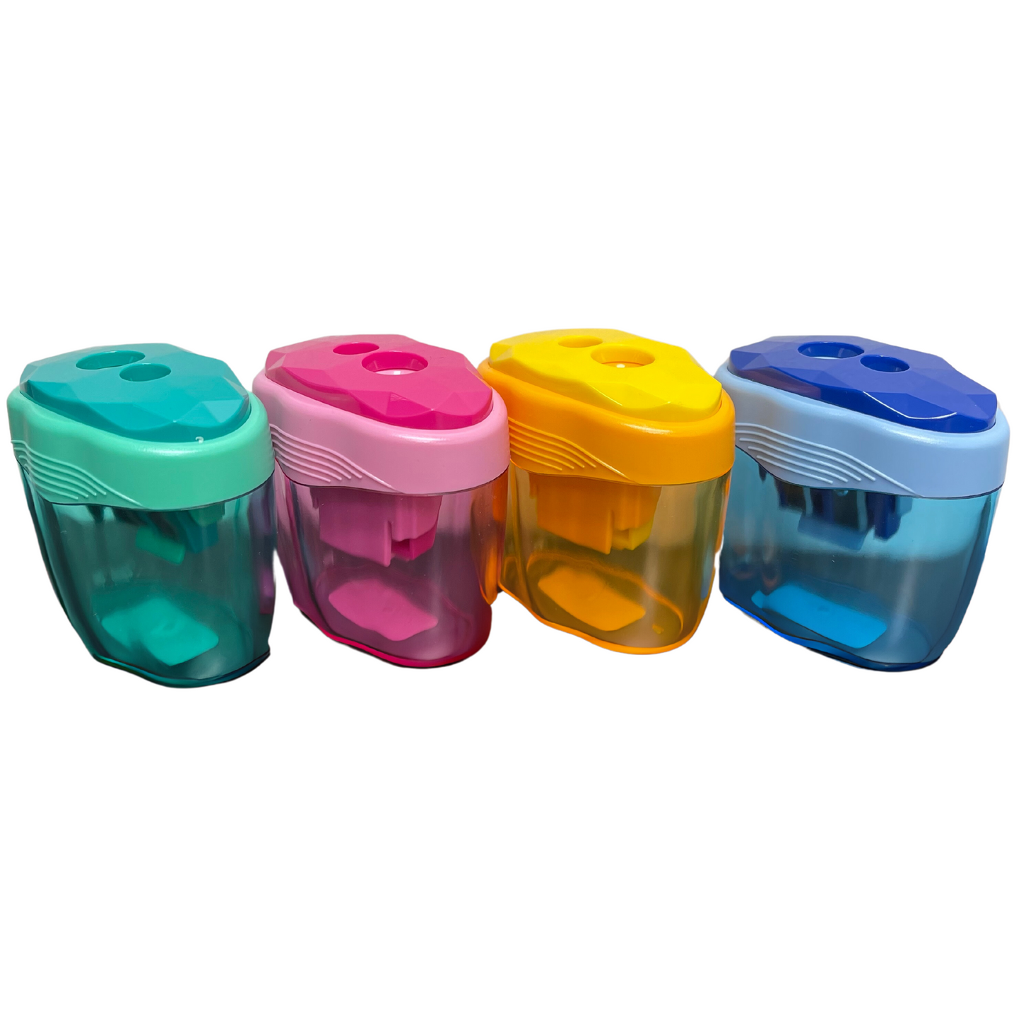 Display of 12 DOUBLE plastic pencil sharpeners (varied colors)