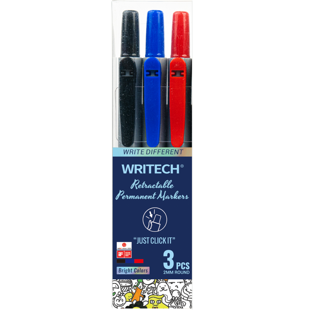 Set of 3 Fine Tip Retractable Permanent Markers (Black/Blue/Red)